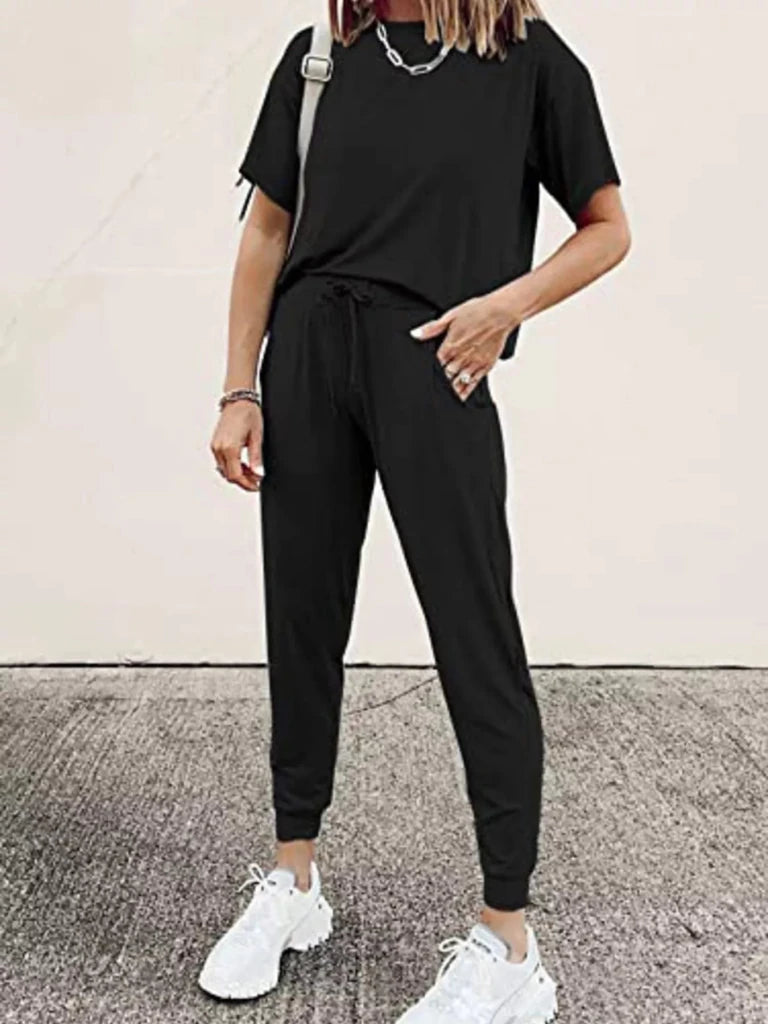 Round neck top and drawstring pants set, alternate product image