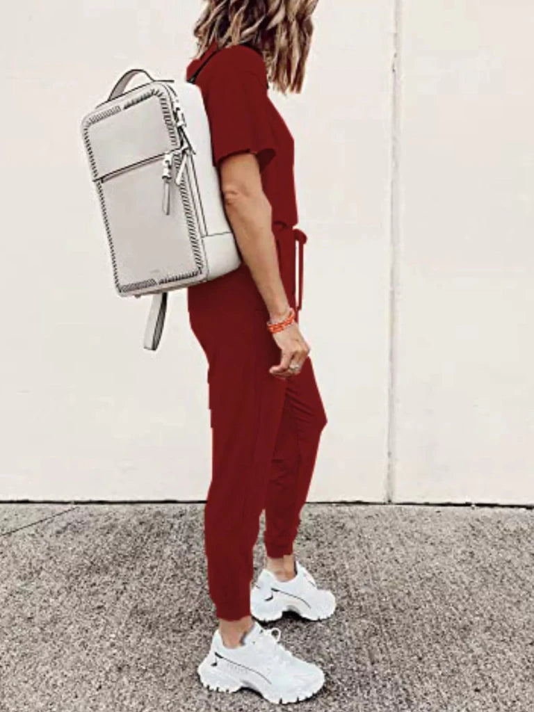Round neck top and drawstring pants set, alternate product image