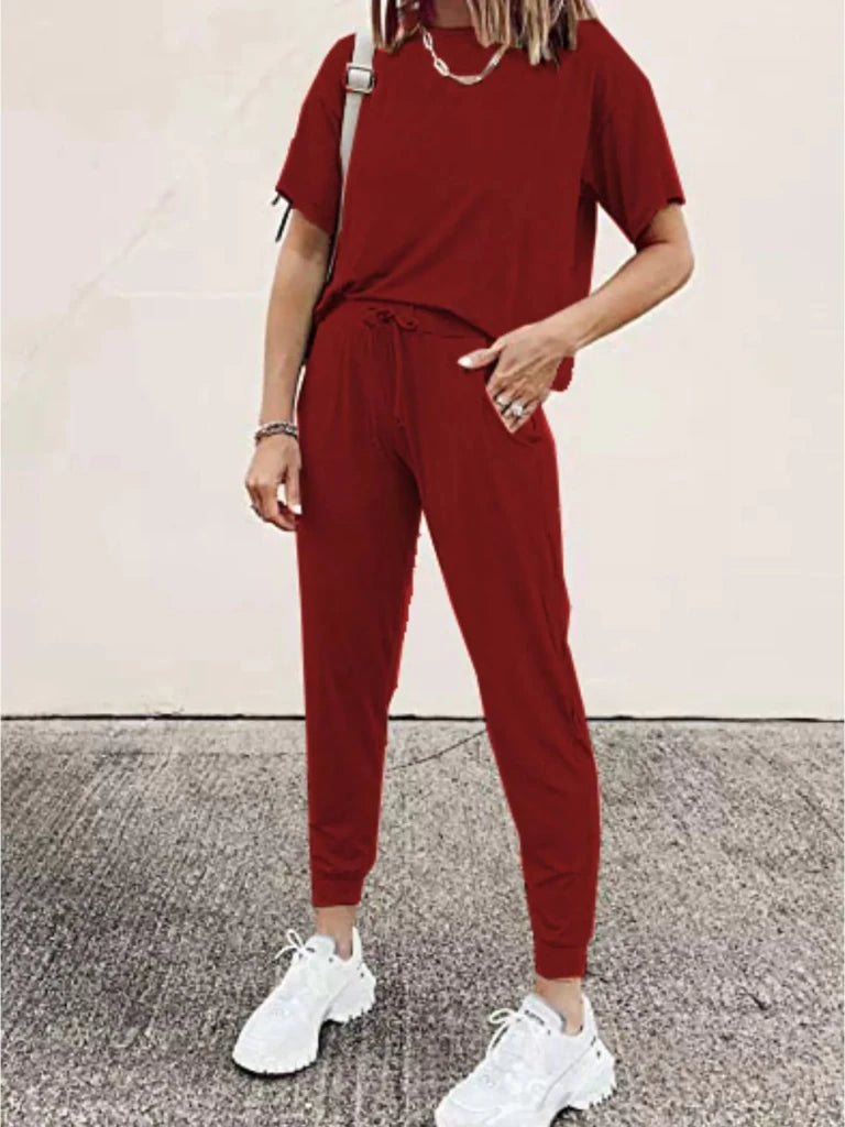 Round neck top and drawstring pants set, alternate product image