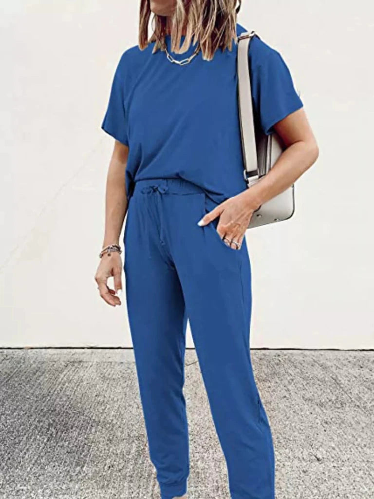 Round neck top and drawstring pants set, alternate product image