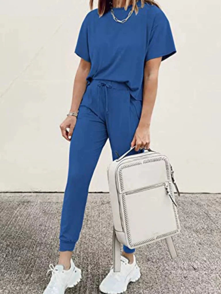Round neck top and drawstring pants set, alternate product image