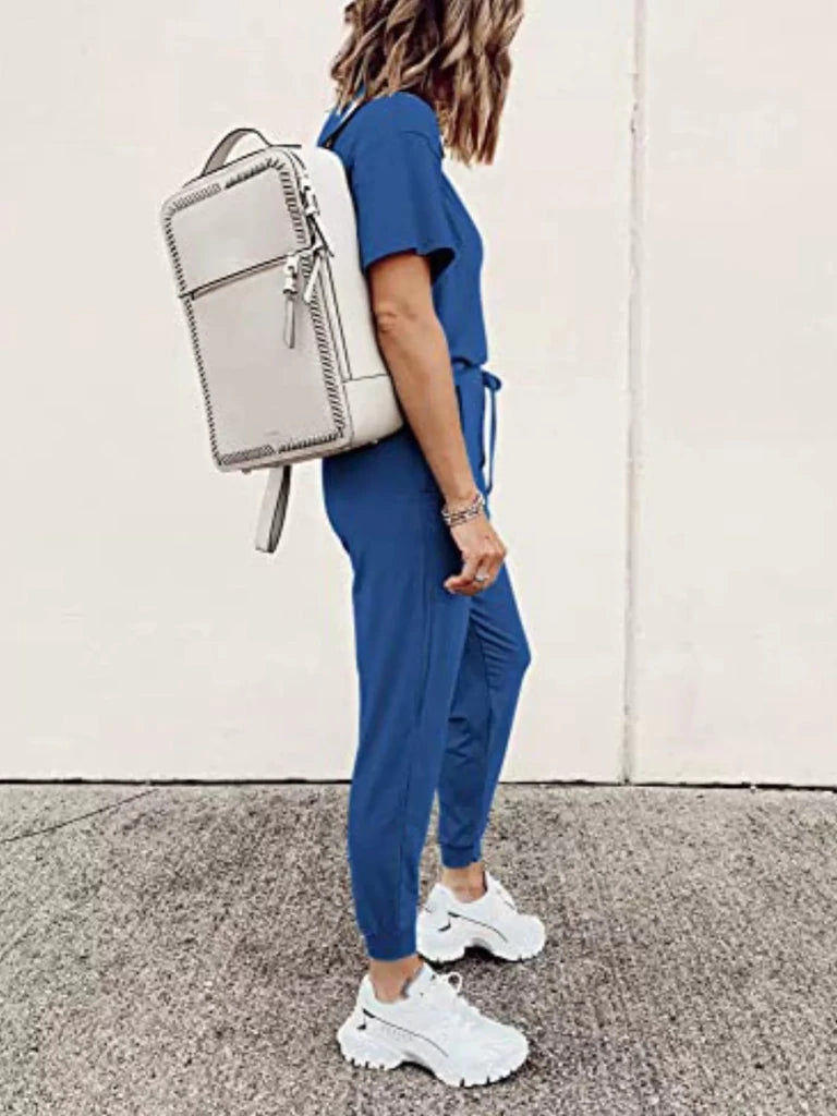 Round neck top and drawstring pants set, alternate product image