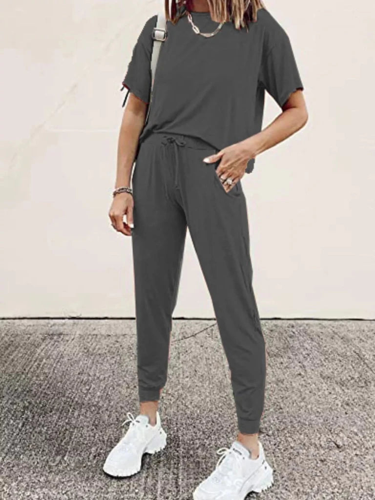 Round neck top and drawstring pants set, alternate product image