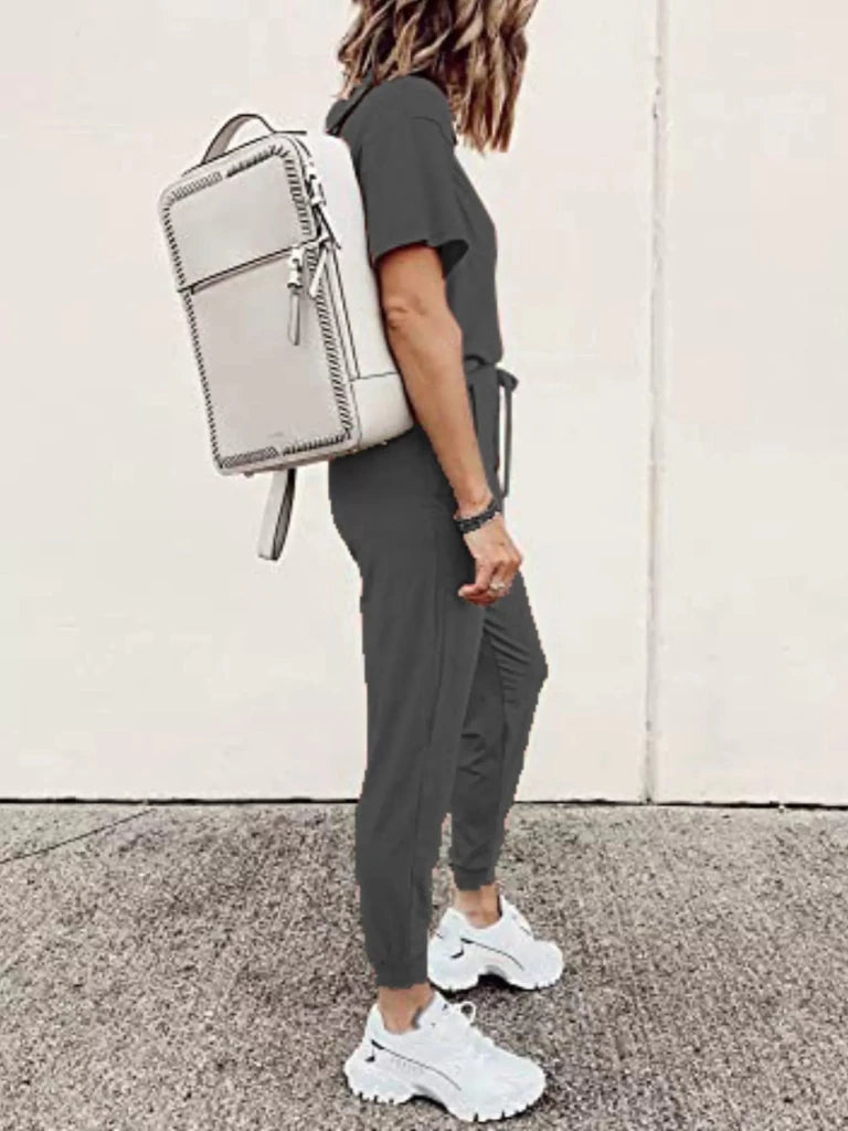 Round neck top and drawstring pants set, alternate product image