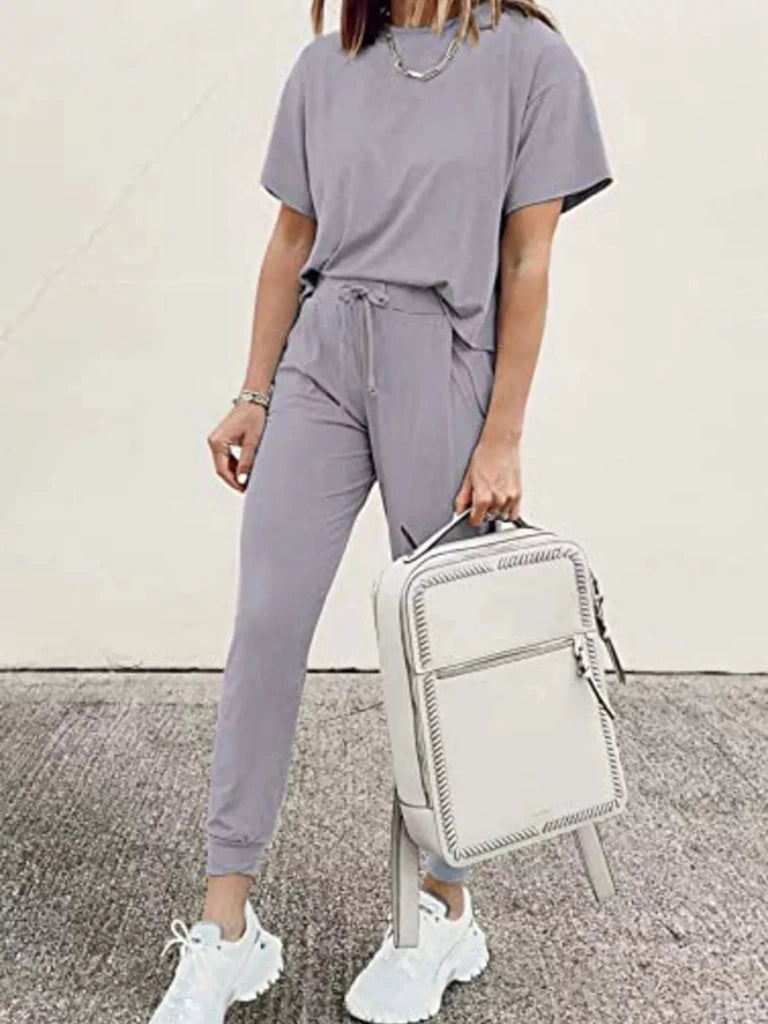 Round neck top and drawstring pants set, alternate product image