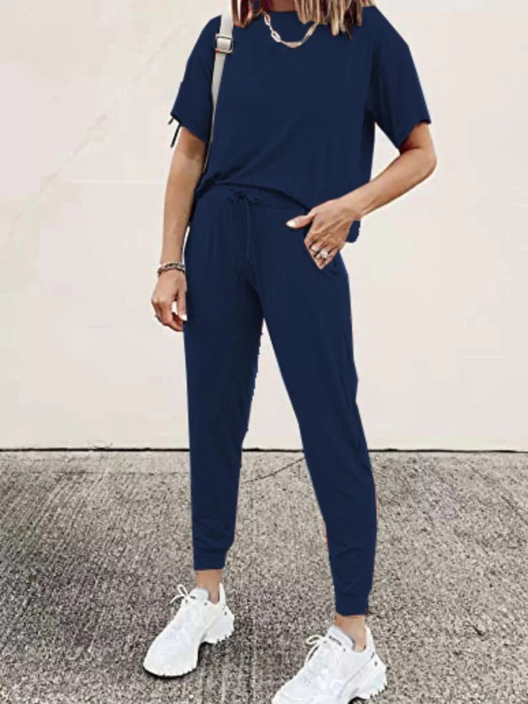 Round neck top and drawstring pants set, alternate product image