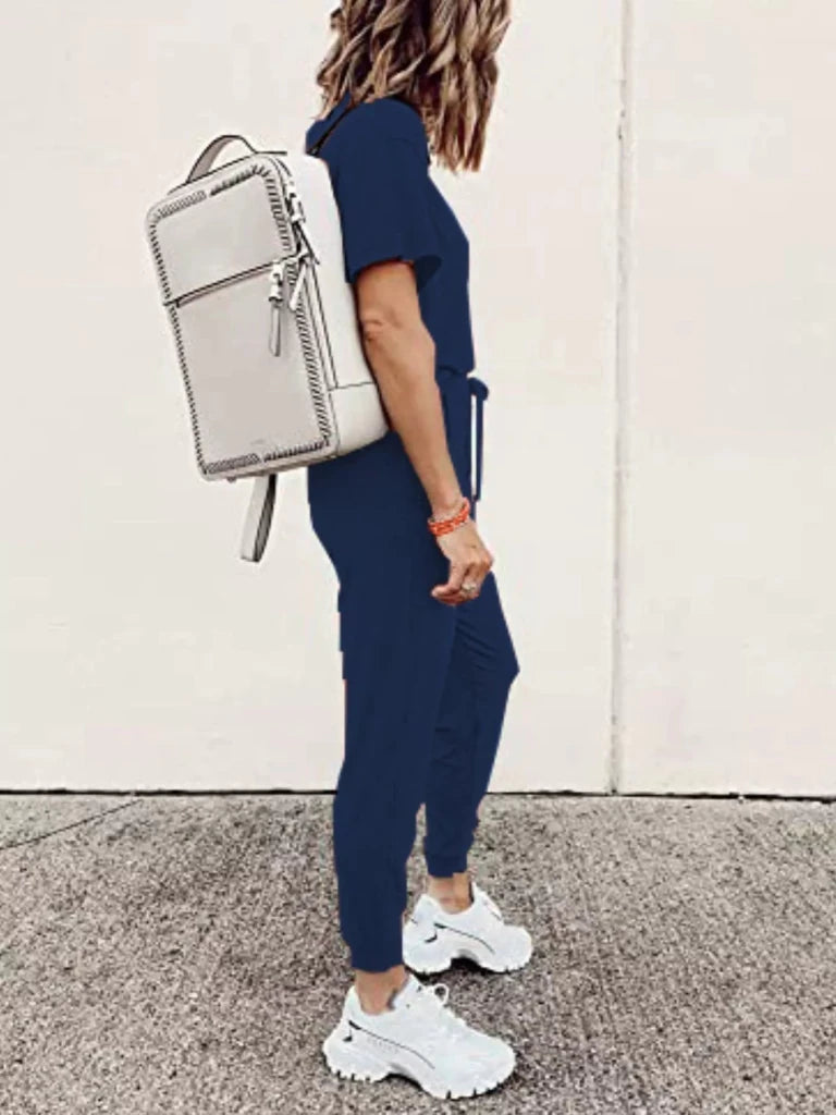 Round neck top and drawstring pants set, alternate product image
