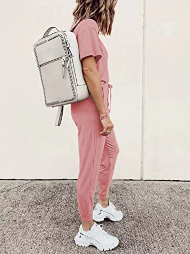 Round neck top and drawstring pants set, alternate product image