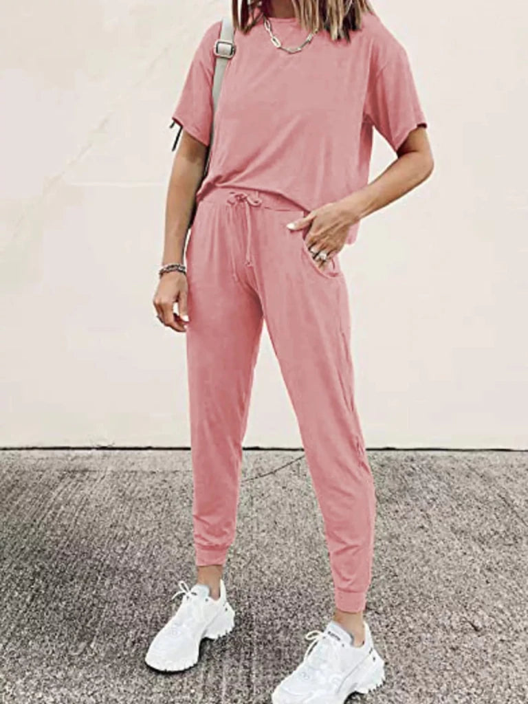 Round neck top and drawstring pants set