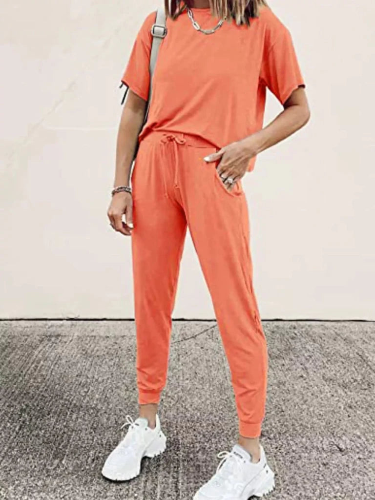 Round neck top and drawstring pants set, alternate product image