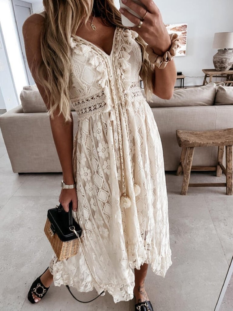 Full Size Ruffled Lace V - Neck Maxi Dress Plus Size - Beige by Trendsi from FREYA’S CLOSET