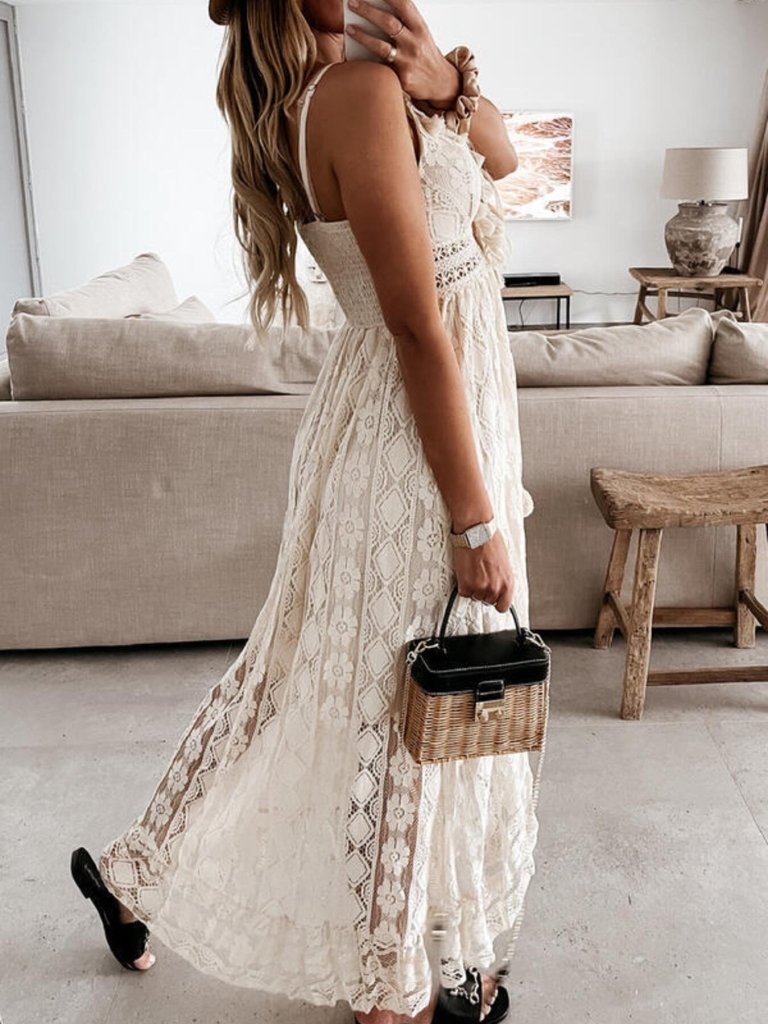 Full Size Ruffled Lace V - Neck Maxi Dress Plus Size - Beige by Trendsi from FREYA’S CLOSET