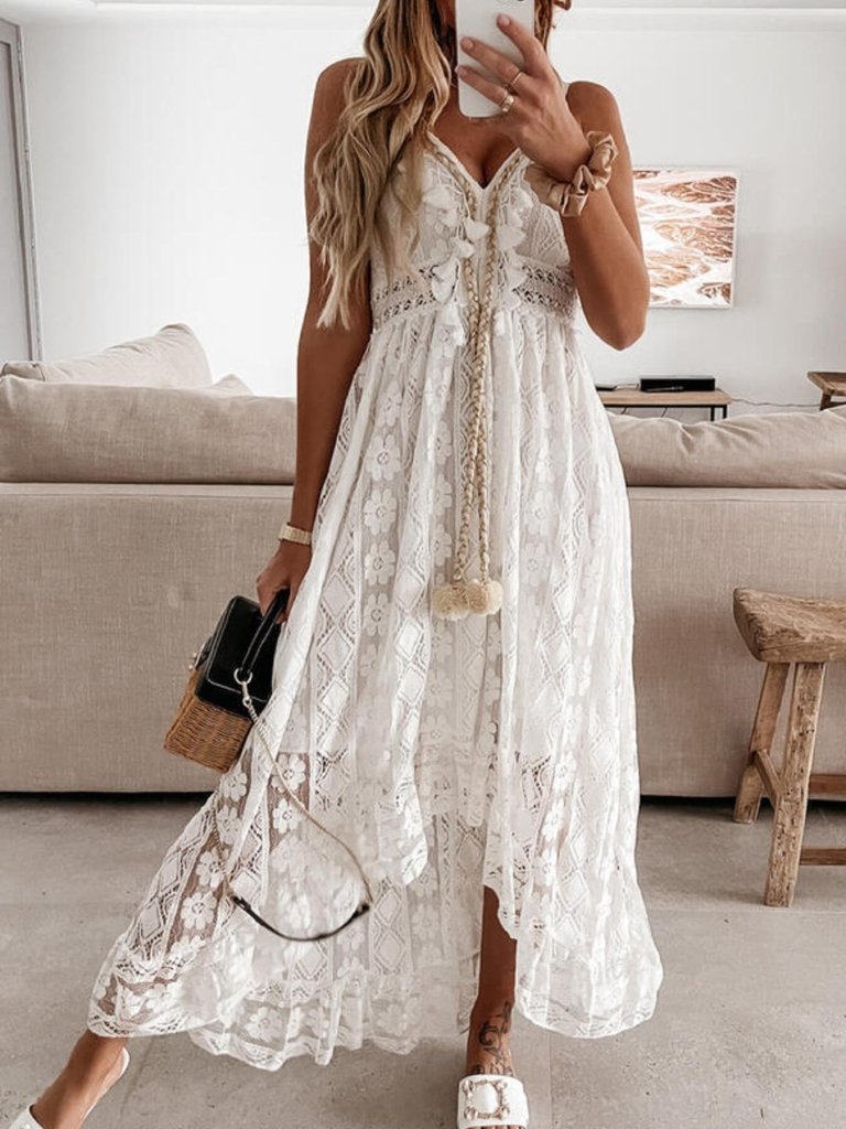 Full Size Ruffled Lace V - Neck Maxi Dress Plus Size - White by Trendsi from FREYA’S CLOSET
