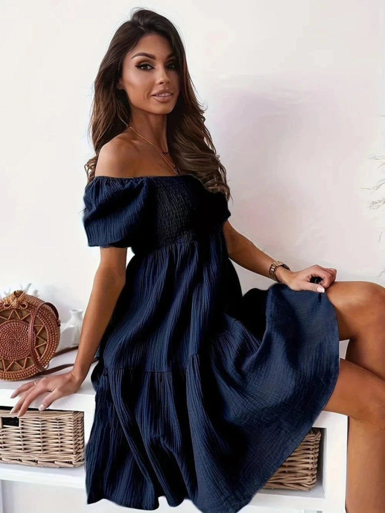 Full Size Ruffled Off - Shoulder Short Sleeve Dress - Dark Blue by Trendsi from FREYA’S CLOSET