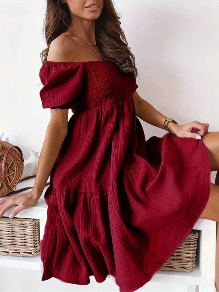 Full Size Ruffled Off - Shoulder Short Sleeve Dress - Burgundy by Trendsi from FREYA’S CLOSET