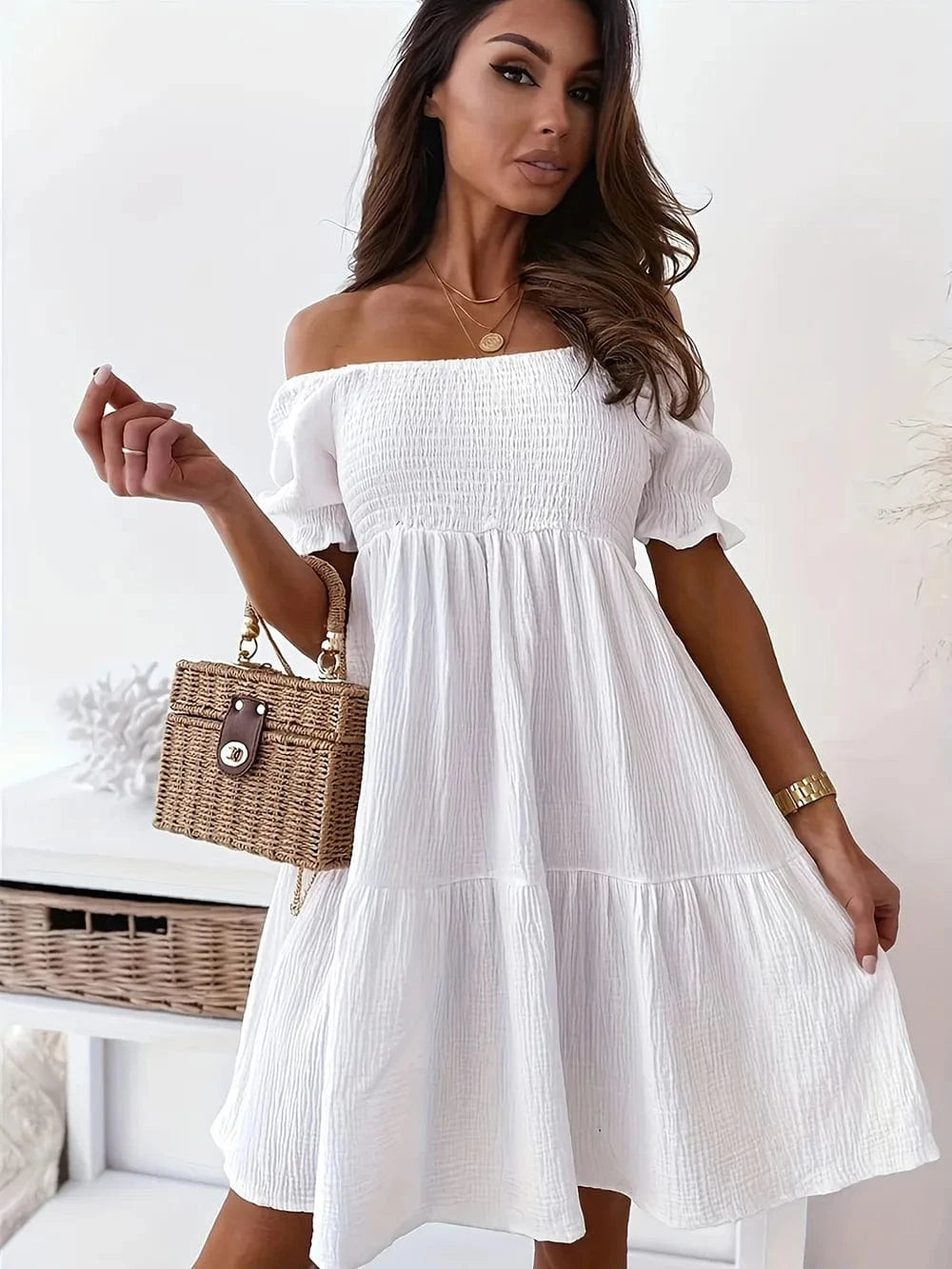 Trendsi Dress White / S Full Size Ruffled Off-Shoulder Short Sleeve Dress