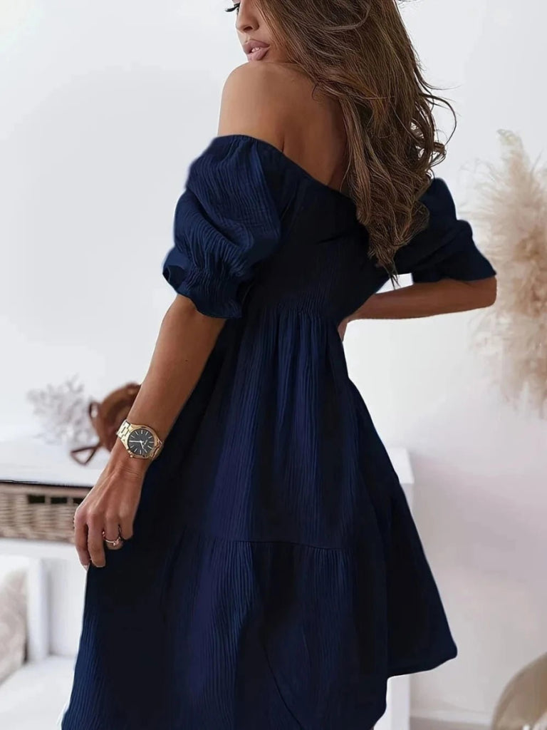Full Size Ruffled Off - Shoulder Short Sleeve Dress - Dark Blue by Trendsi from FREYA’S CLOSET