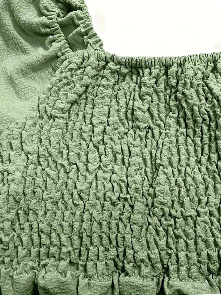 Full Size Ruffled Off - Shoulder Short Sleeve Dress - Light Green by Trendsi from FREYA’S CLOSET