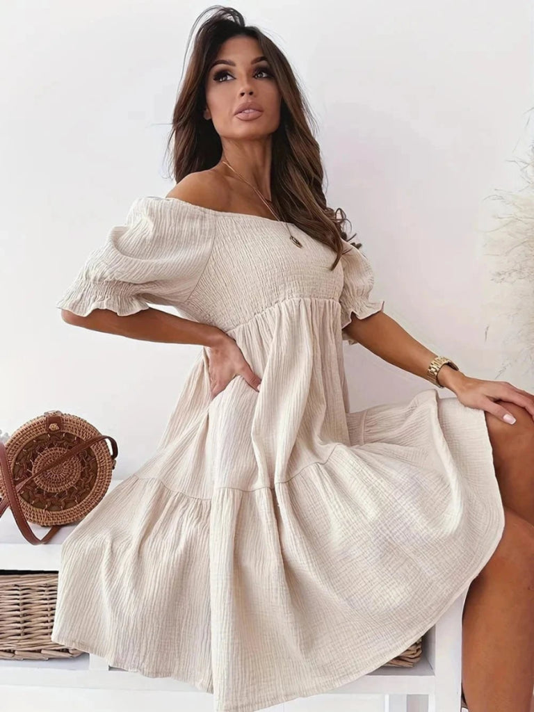 Full Size Ruffled Off - Shoulder Short Sleeve Dress - Beige by Trendsi from FREYA’S CLOSET