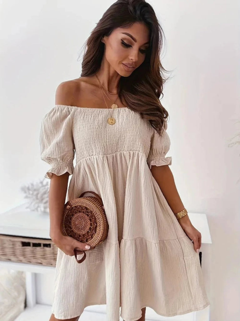 Full Size Ruffled Off - Shoulder Short Sleeve Dress - Beige by Trendsi from FREYA’S CLOSET