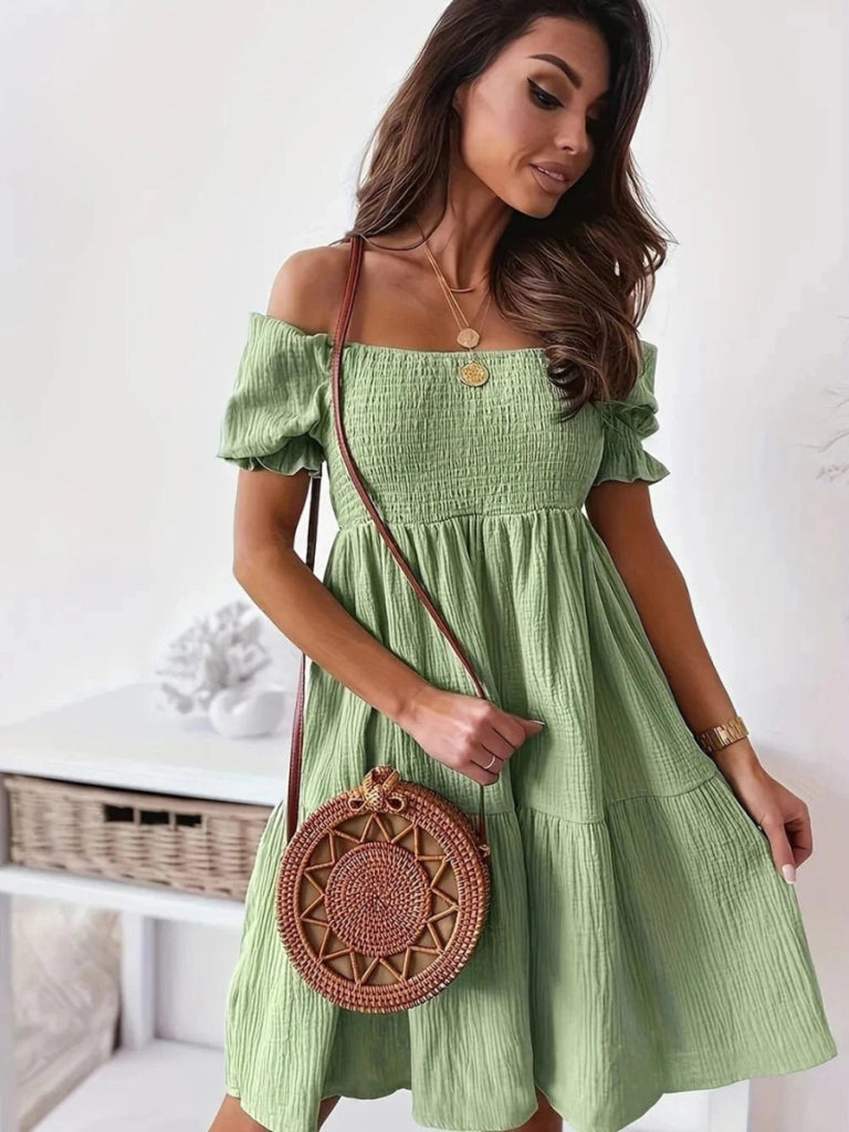 Full Size Ruffled Off - Shoulder Short Sleeve Dress - Light Green by Trendsi from FREYA’S CLOSET
