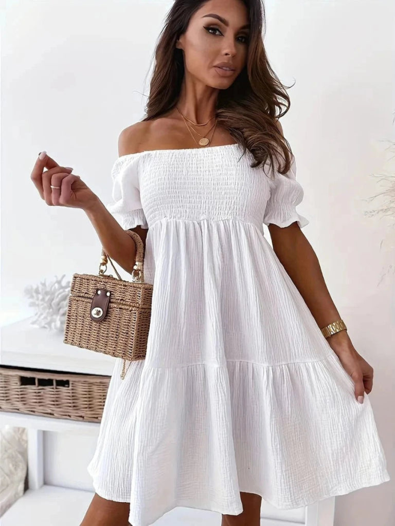 Full Size Ruffled Off - Shoulder Short Sleeve Dress - White by Trendsi from FREYA’S CLOSET