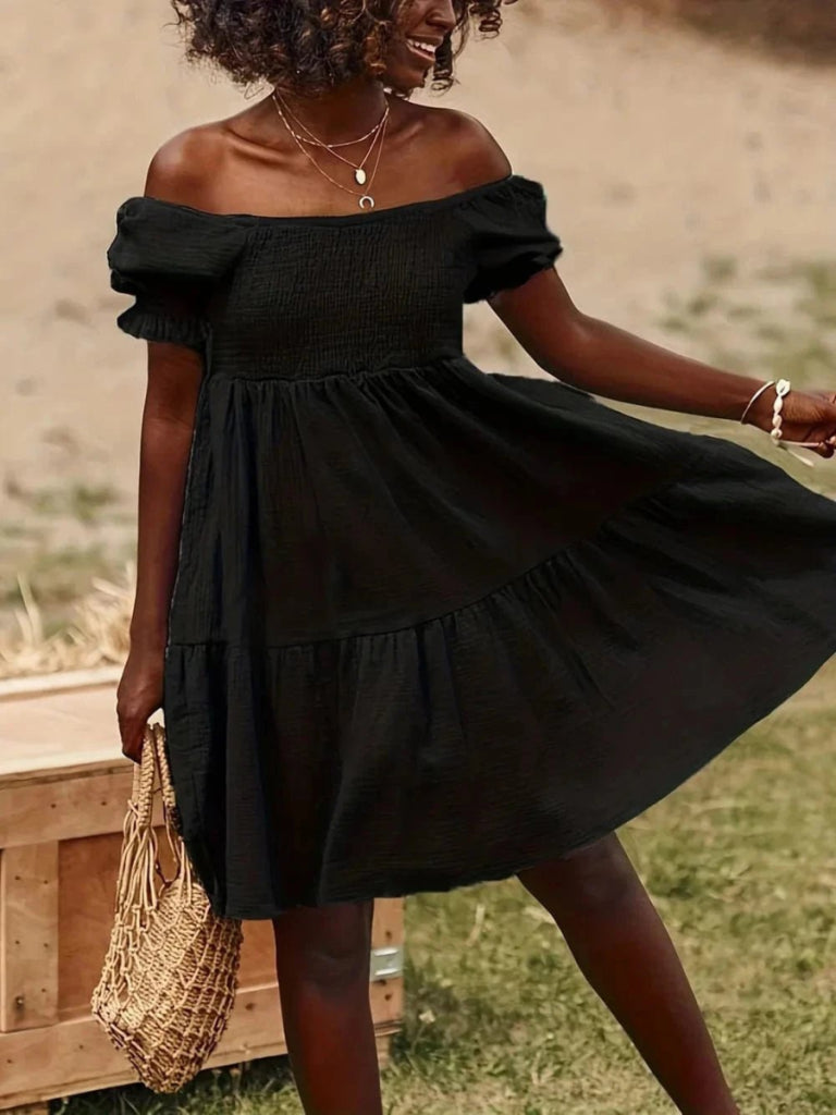 Full Size Ruffled Off - Shoulder Short Sleeve Dress - Black by Trendsi from FREYA’S CLOSET