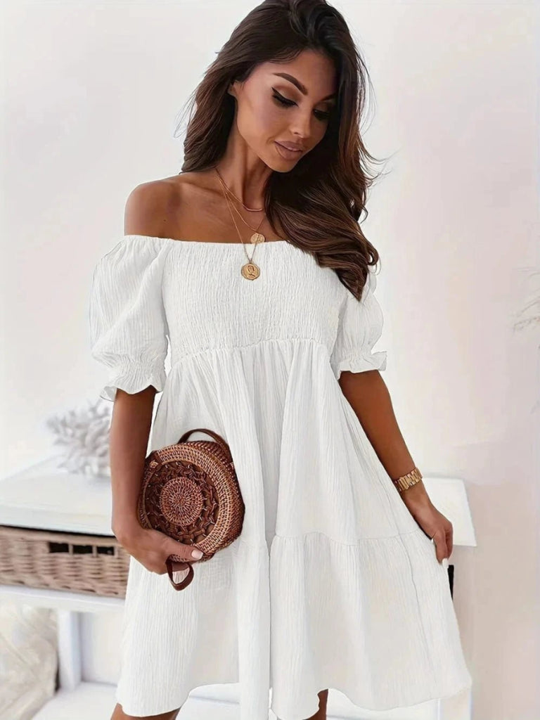 Full Size Ruffled Off - Shoulder Short Sleeve Dress - White by Trendsi from FREYA’S CLOSET