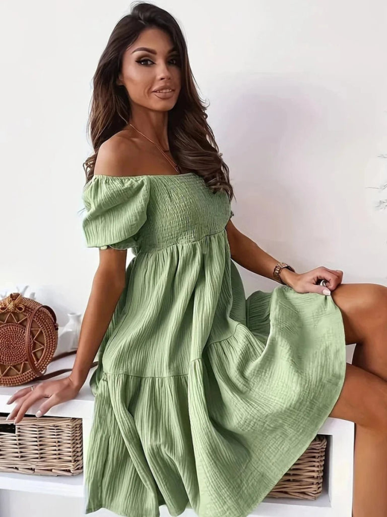 Full Size Ruffled Off - Shoulder Short Sleeve Dress - Light Green by Trendsi from FREYA’S CLOSET