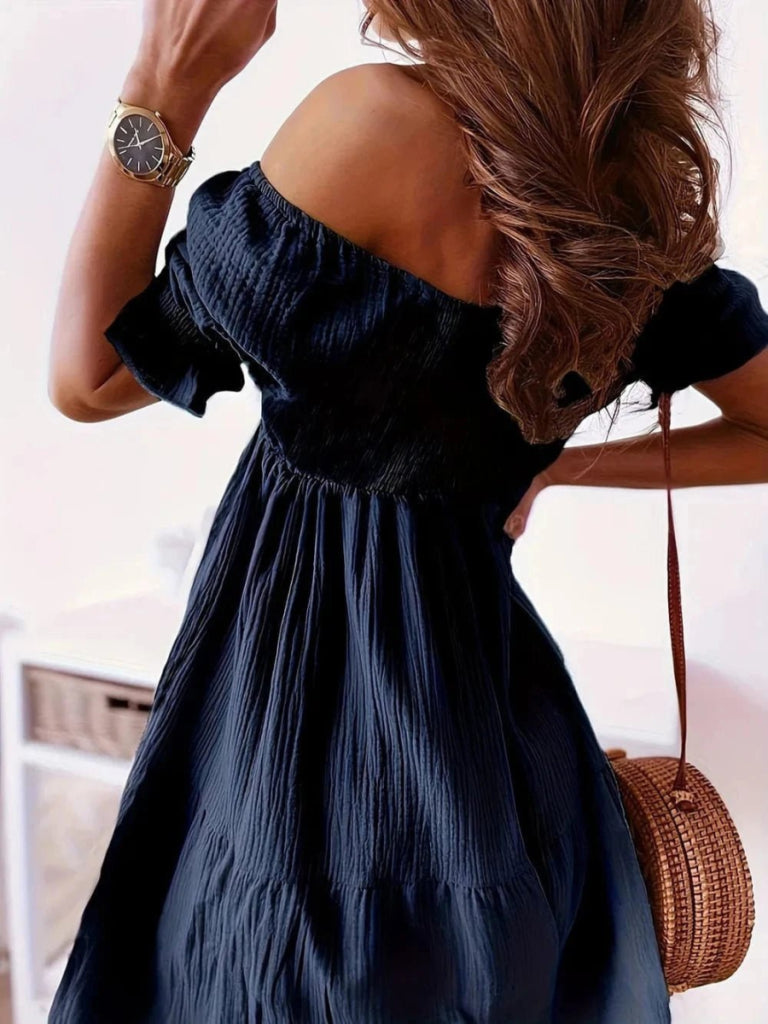 Full Size Ruffled Off - Shoulder Short Sleeve Dress - Dark Blue by Trendsi from FREYA’S CLOSET