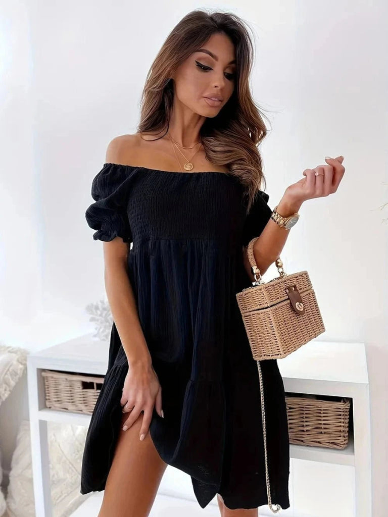 Full Size Ruffled Off - Shoulder Short Sleeve Dress - Black by Trendsi from FREYA’S CLOSET