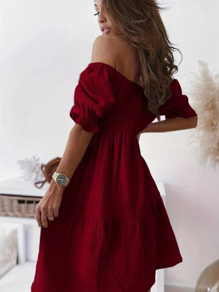 Full Size Ruffled Off - Shoulder Short Sleeve Dress - Burgundy by Trendsi from FREYA’S CLOSET
