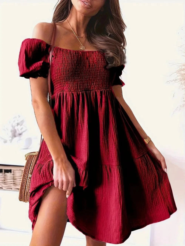 Full Size Ruffled Off - Shoulder Short Sleeve Dress - Burgundy by Trendsi from FREYA’S CLOSET