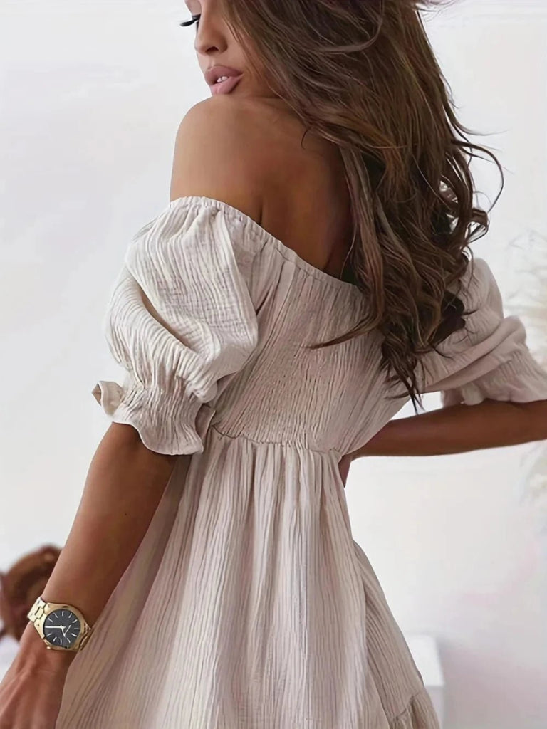 Full Size Ruffled Off - Shoulder Short Sleeve Dress - Beige by Trendsi from FREYA’S CLOSET