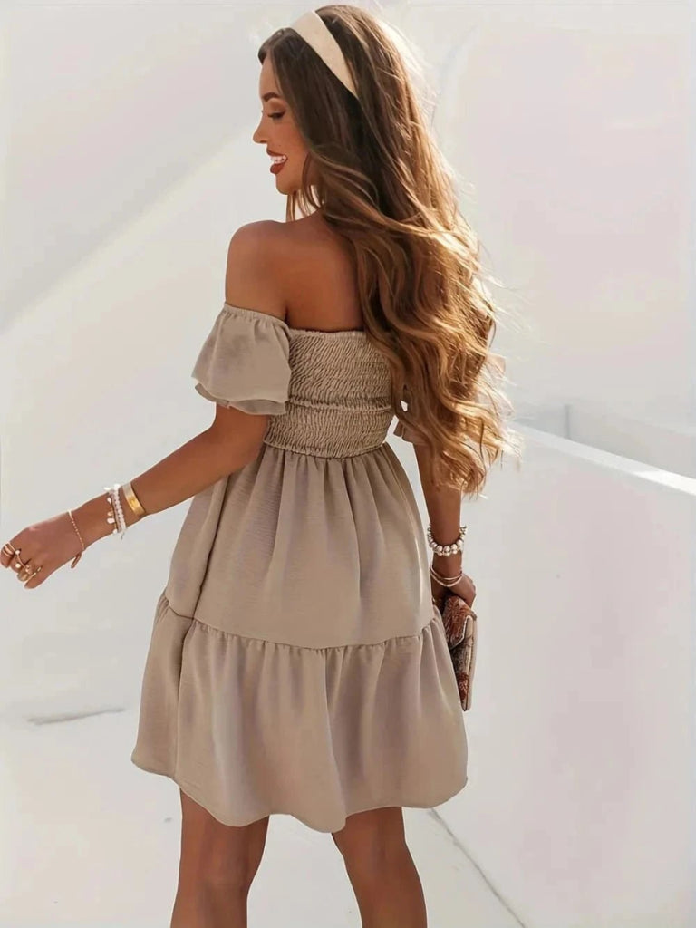 Full Size Ruffled Off - Shoulder Short Sleeve Dress - Khaki by Trendsi from FREYA’S CLOSET