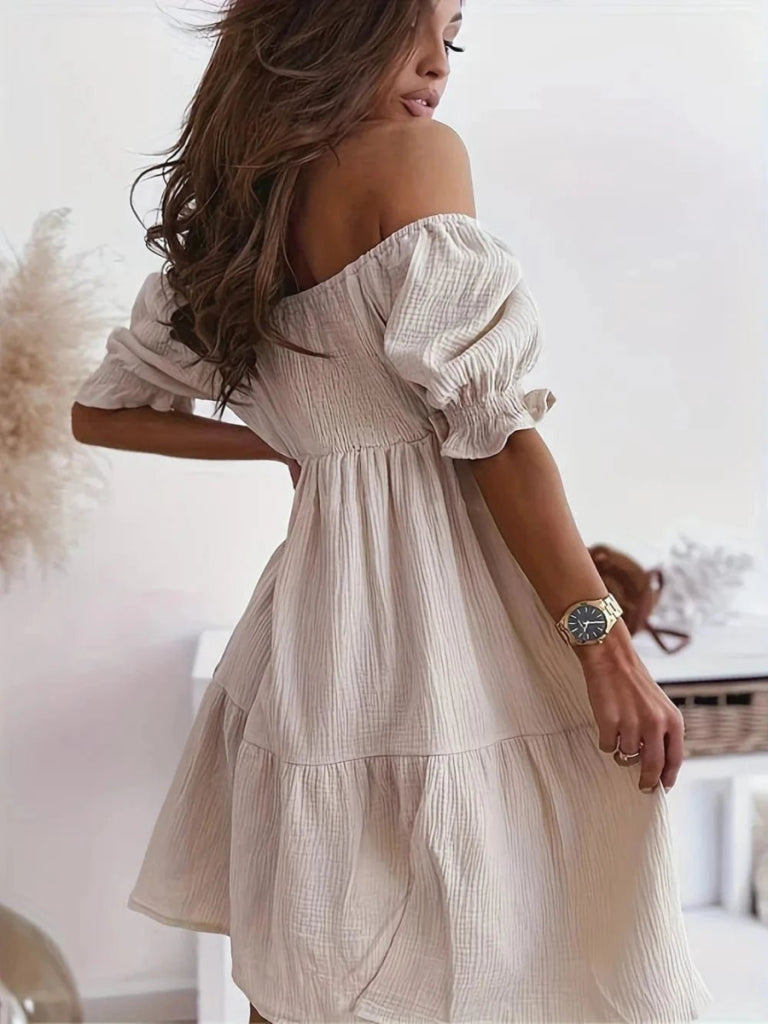 Full Size Ruffled Off - Shoulder Short Sleeve Dress - Beige by Trendsi from FREYA’S CLOSET