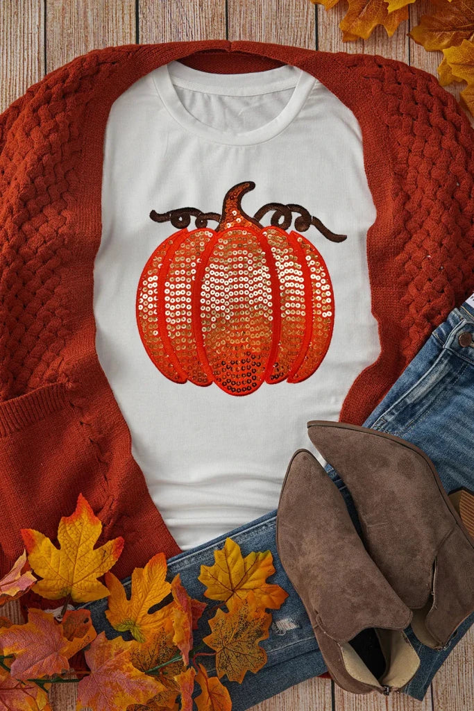Sequin pumpkin round neck short sleeve T-shirt, alternate product image