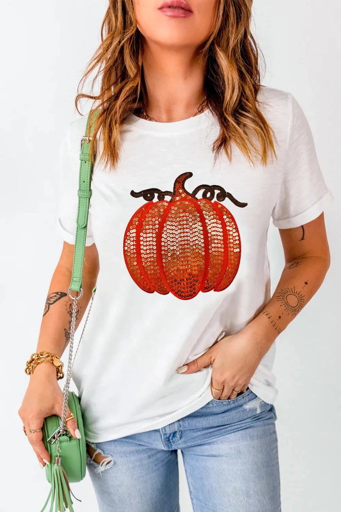 Sequin pumpkin round neck short sleeve T-shirt