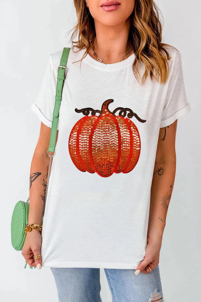 Sequin pumpkin round neck short sleeve T-shirt, alternate product image