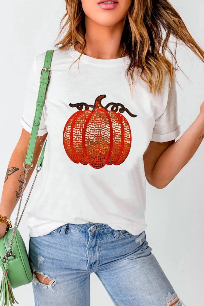 Sequin pumpkin round neck short sleeve T-shirt, alternate product image