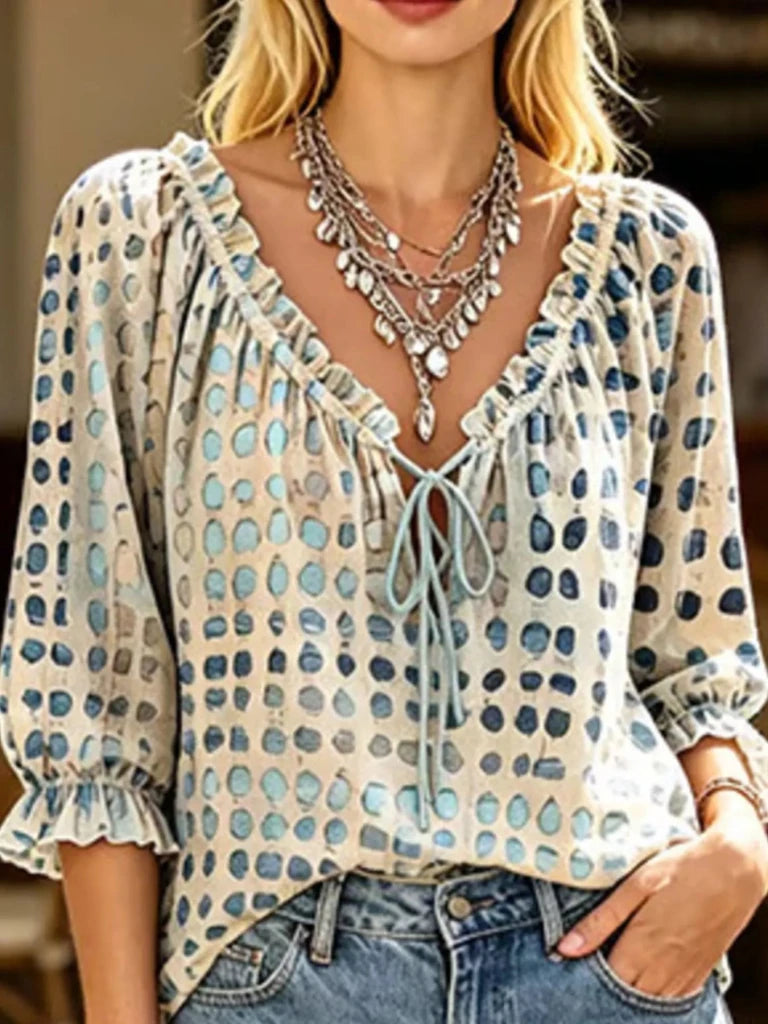Tie-neck three-quarter sleeve blouse, alternate product image