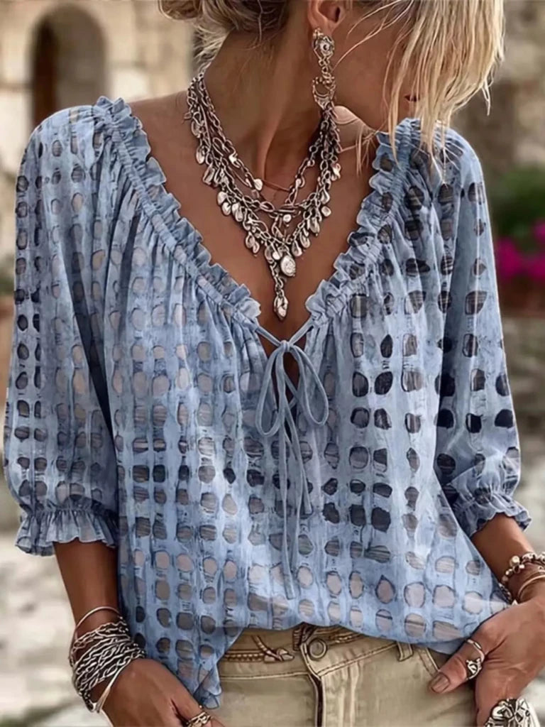 Tie-neck three-quarter sleeve blouse, alternate product image