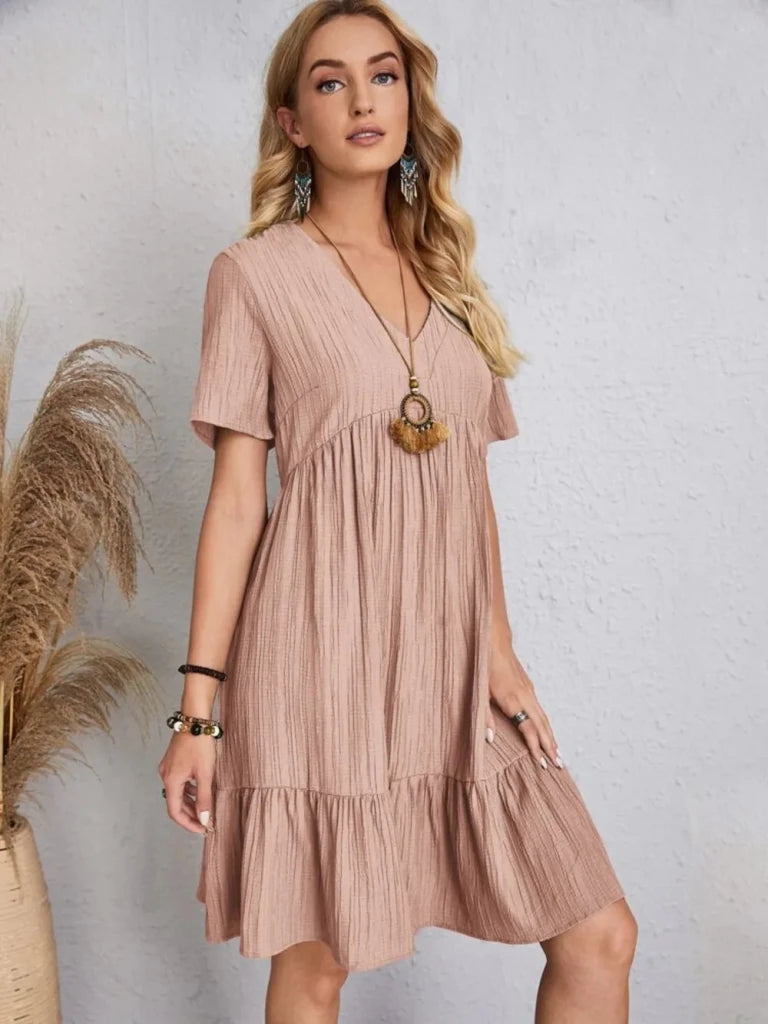 Full Size V - Neck Short Sleeve Dress - Apricot by Trendsi from FREYA’S CLOSET