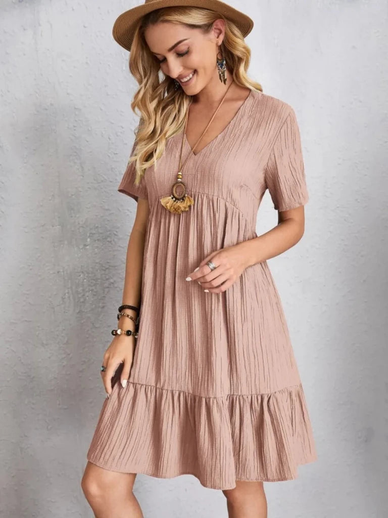 Full Size V - Neck Short Sleeve Dress - Apricot by Trendsi from FREYA’S CLOSET