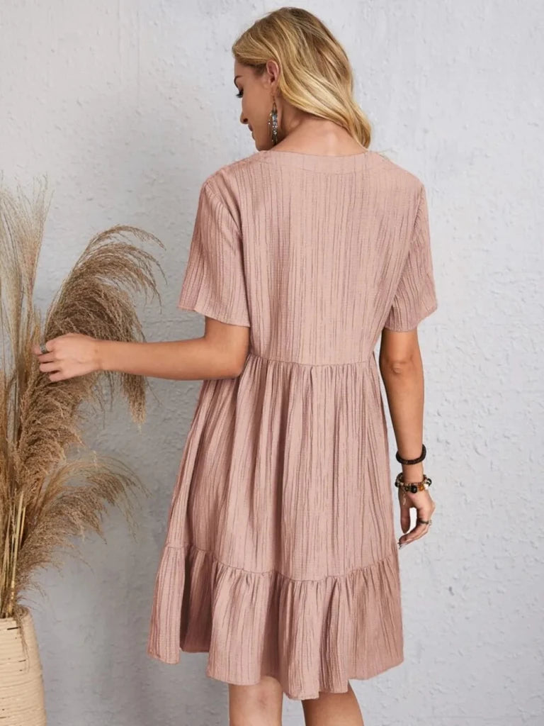 Full Size V - Neck Short Sleeve Dress - Apricot by Trendsi from FREYA’S CLOSET