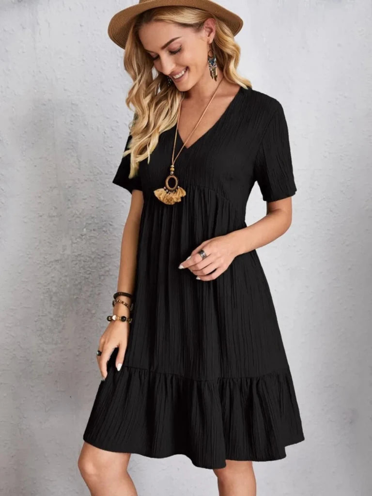 Full Size V - Neck Short Sleeve Dress - Black by Trendsi from FREYA’S CLOSET