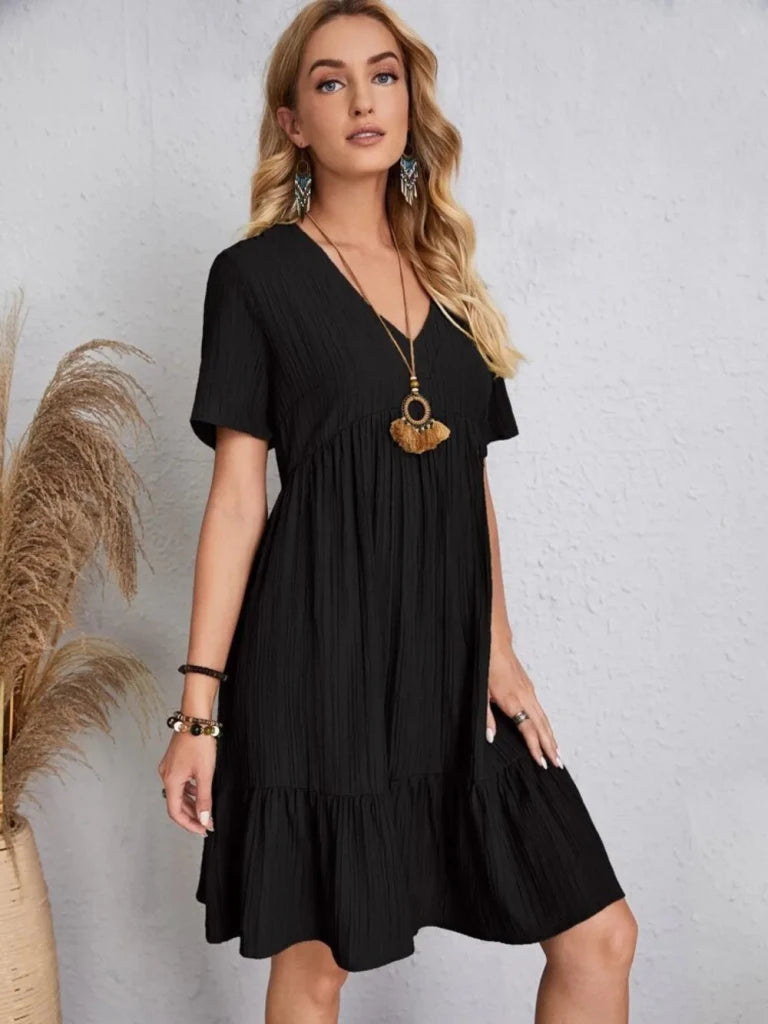 Full Size V - Neck Short Sleeve Dress - Black by Trendsi from FREYA’S CLOSET