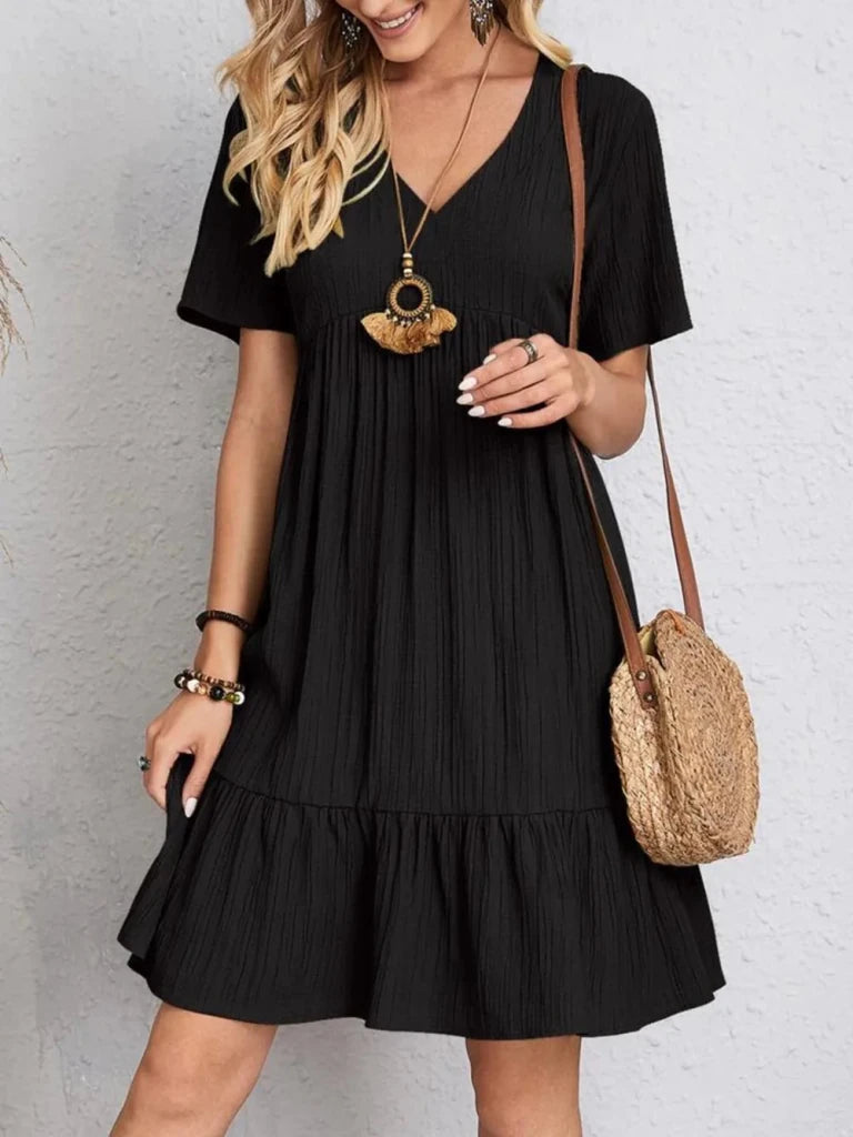 Full Size V - Neck Short Sleeve Dress - Black by Trendsi from FREYA’S CLOSET