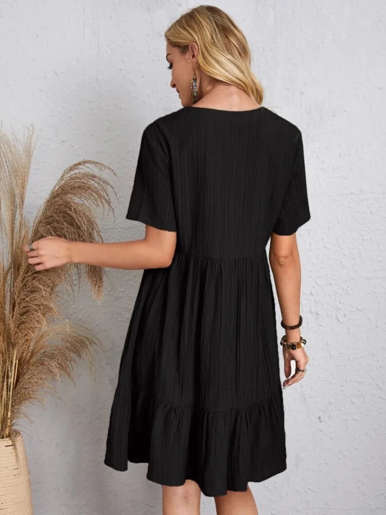 Full Size V - Neck Short Sleeve Dress - Black by Trendsi from FREYA’S CLOSET