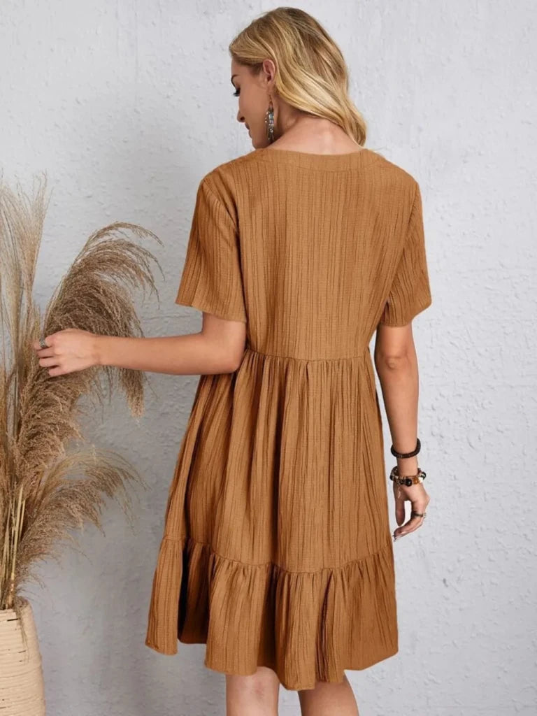 Full Size V - Neck Short Sleeve Dress - Camel by Trendsi from FREYA’S CLOSET